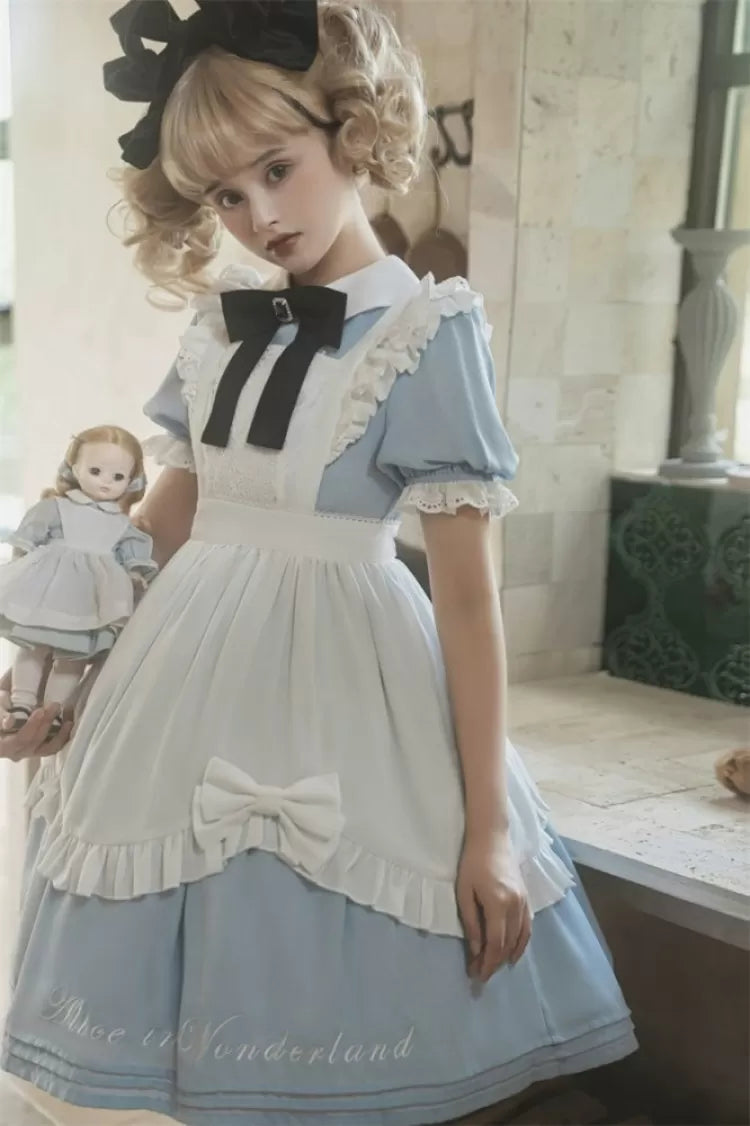 Robe de soubrette bleue Sax d'Alice au pays des merveilles avec tablier blanc