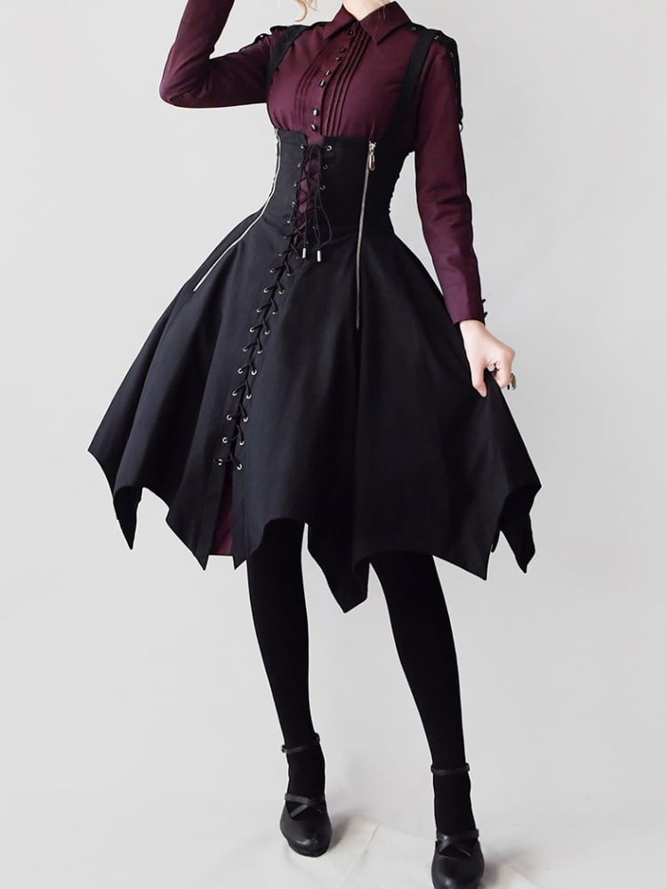 Dark Red Pleating Placket Black Patch Shirt