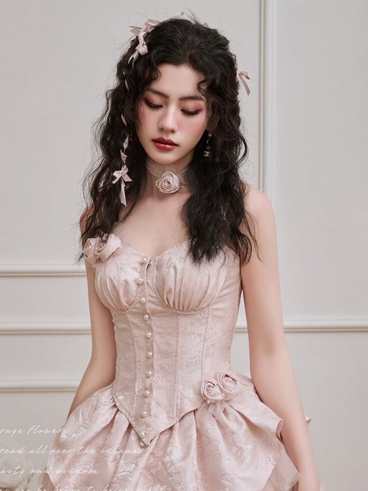 Pink Rosettes Brooch Boned Corset Top