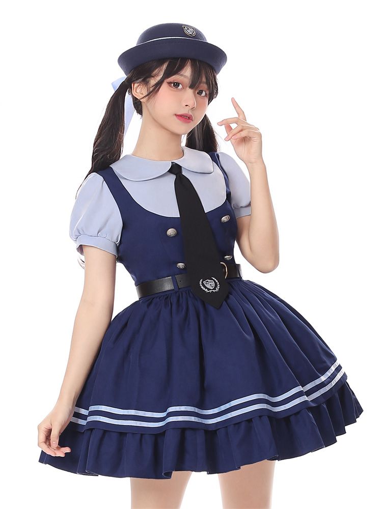 Robe bleu marine à col Claudine et manches courtes, faux deux-pièces