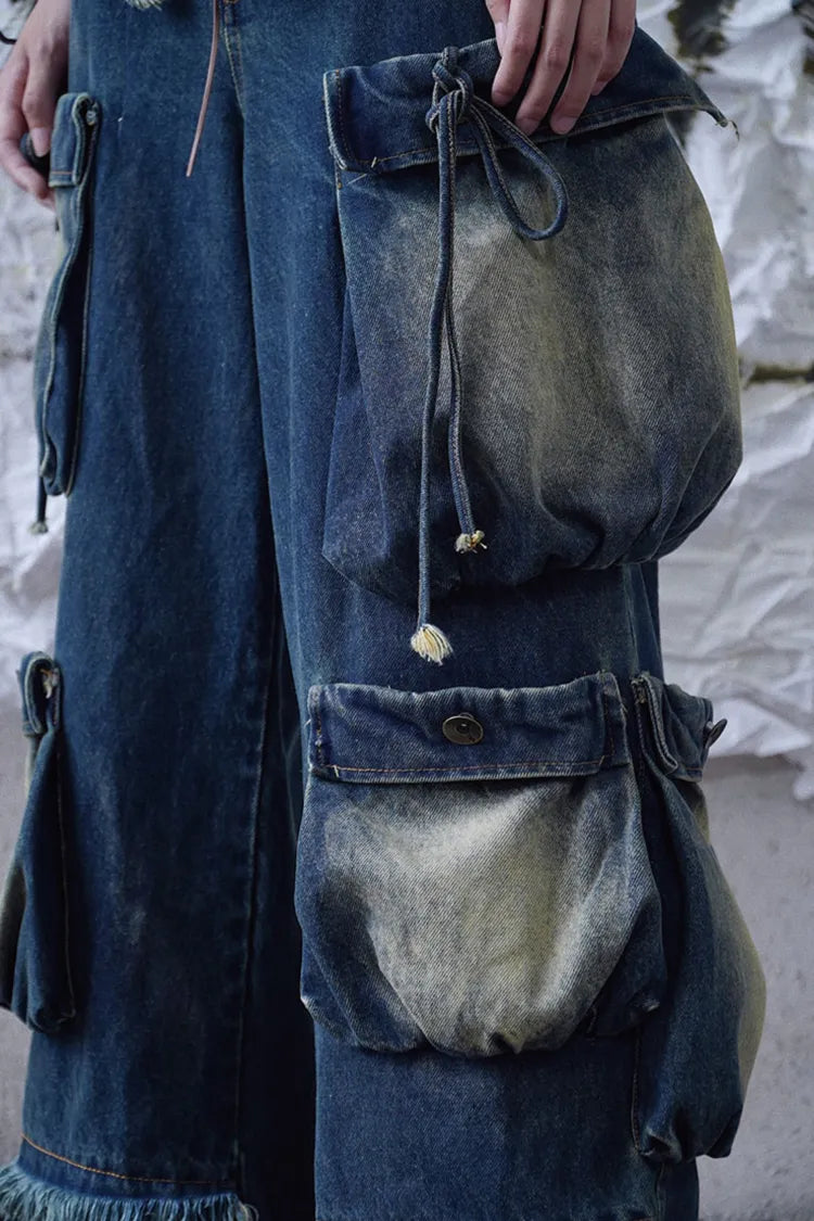 Cargo Punk Wash Wasteland Faded Pockets Jeans Wide Leg