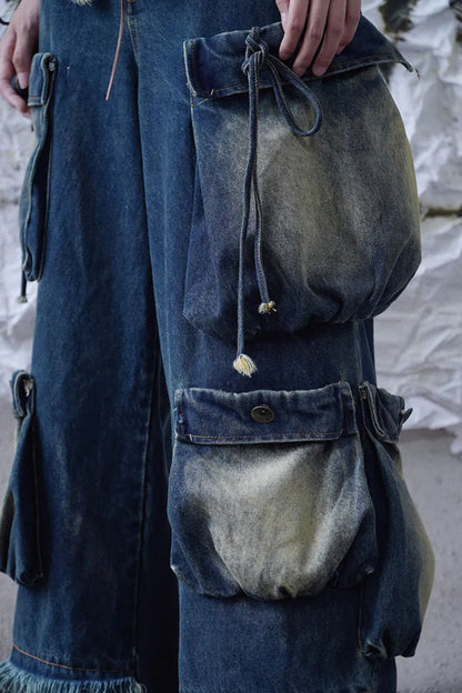 Cargo Punk Wash Wasteland Faded Pockets Jeans Wide Leg