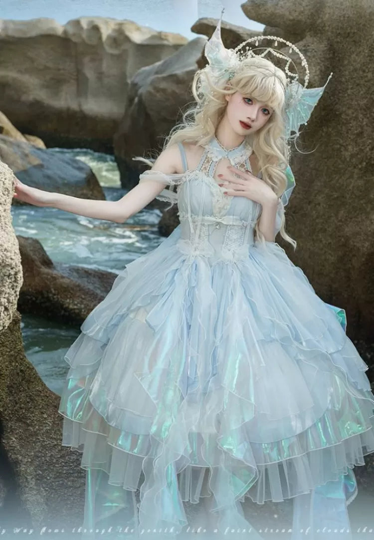 Layered Princess Trim Dress Skirt Corset Light Waist Cascading Blue Fairy JSK Lolita Ruffle