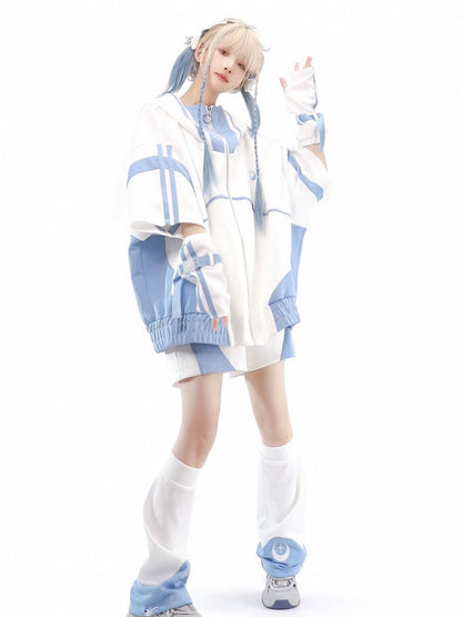 Front Tenshi White Jacket Up Blue Sleeves Kaiwai Light and Sweatershirt Zip Elbow-length