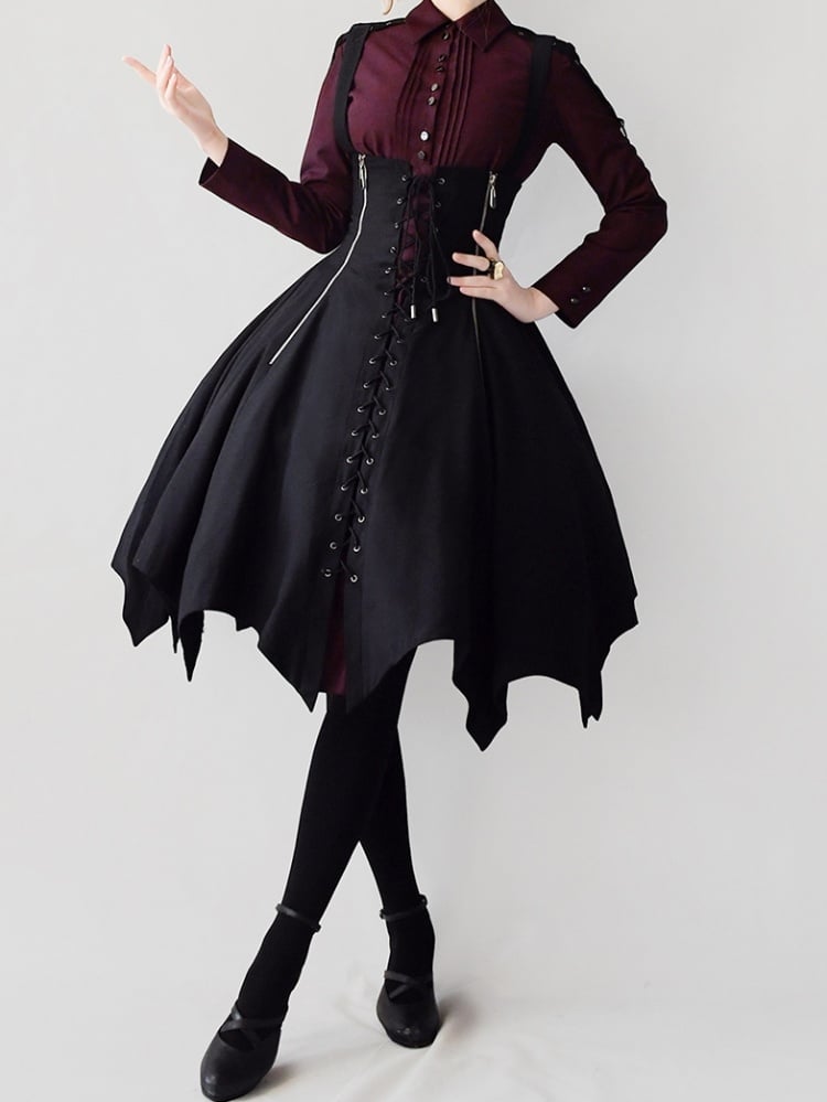 Dark Red Pleating Placket Black Patch Shirt