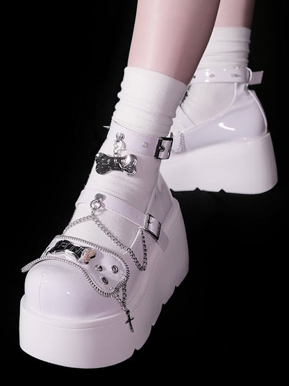 Metal Bones Decorated White Platforms Punk Shoes