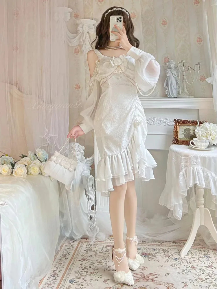 Rose Decoration Jacquard Hemline Mermaid Detail Ruffle JSK White Lolita Bead Camellia
