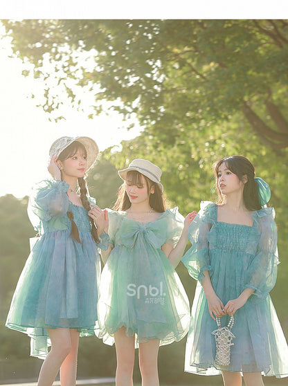 Green Short/Long Sleeves Short Bow with Sweet Detachable Version Dress Big