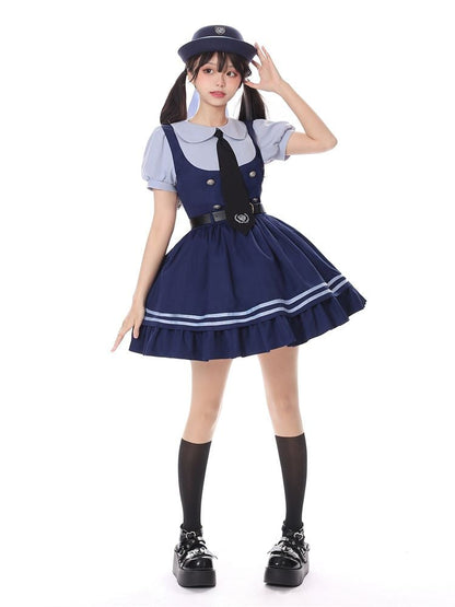 Robe bleu marine à col Claudine et manches courtes, faux deux-pièces