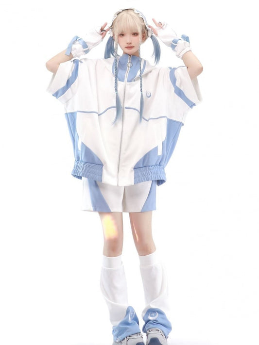Light Blue and White Zip Up Front Sweatershirt Elbow-length Sleeves Tenshi Kaiwai Jacket