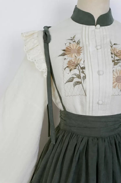 mit Stickerei Set Grün Stufenrock Sonnenblume Sonnenblumen Beige Charm + Bluse