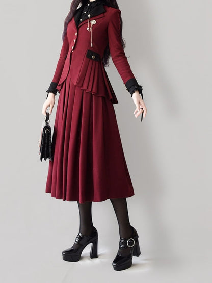 Plus Size Friendly-Wine Red Pleating Details Blazer Skirt Set