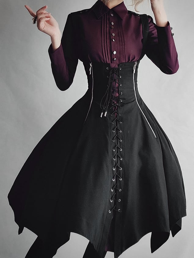 Dark Red Pleating Placket Black Patch Shirt