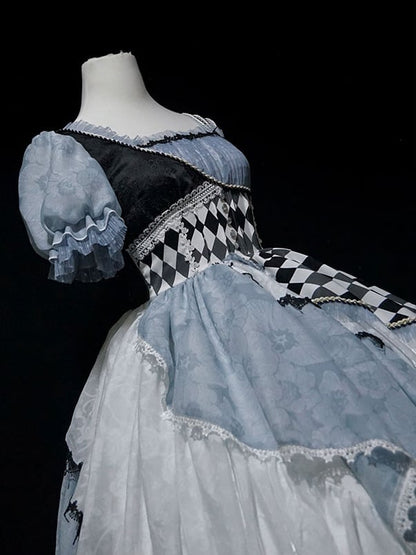 Blue Asymmetrical Design Checkerboard Pattern Lolita Dress Long Version