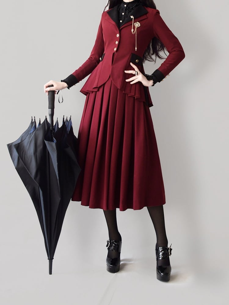 Plus Size Friendly-Wine Red Pleating Details Blazer Skirt Set