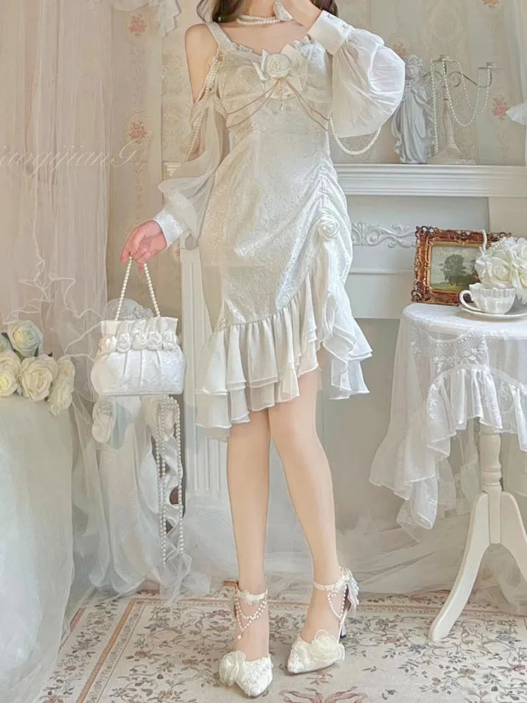 Rose Decoration Jacquard Hemline Mermaid Detail Ruffle JSK White Lolita Bead Camellia