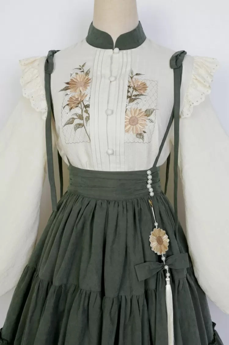 mit Stickerei Set Grün Stufenrock Sonnenblume Sonnenblumen Beige Charm + Bluse
