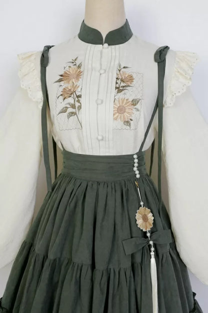 mit Stickerei Set Grün Stufenrock Sonnenblume Sonnenblumen Beige Charm + Bluse