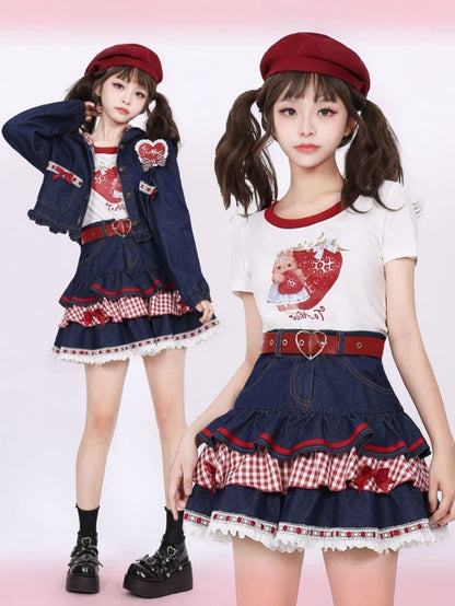 Navy Blue Lace Hem Bow Accents Denim Tiered Skirt Plaid Patchwork