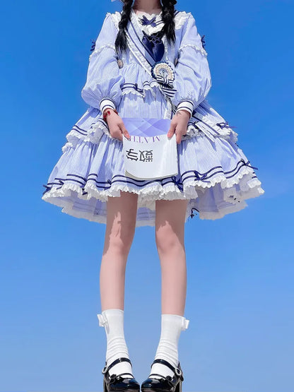 Sailor Striped OP Set Skirt Summer Full Lolita Pattern Dress Blue Tiered
