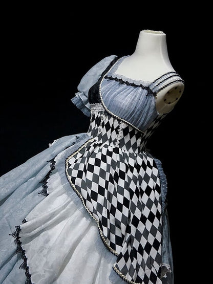 Blue Asymmetrical Design Checkerboard Pattern Lolita Dress Long Version