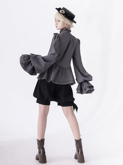 Lolita Shirt Gray Poet Sleeves Ruffle Fashion Ouji Neckline Bishop