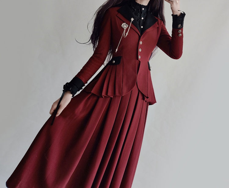 Plus Size Friendly-Wine Red Pleating Details Blazer Skirt Set