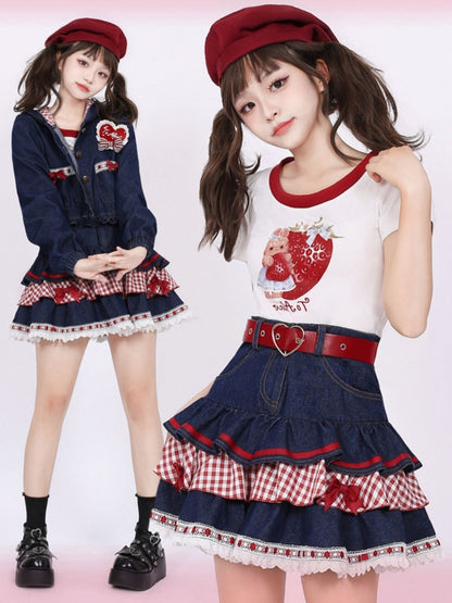 Navy Blue Lace Hem Bow Accents Denim Tiered Skirt Plaid Patchwork