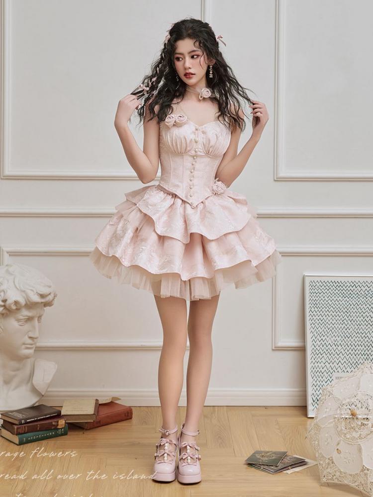 Pink Rosettes Brooch Boned Corset Top