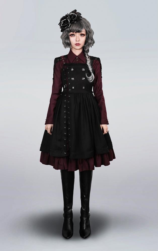 Dark Red Pleating Placket Black Patch Shirt