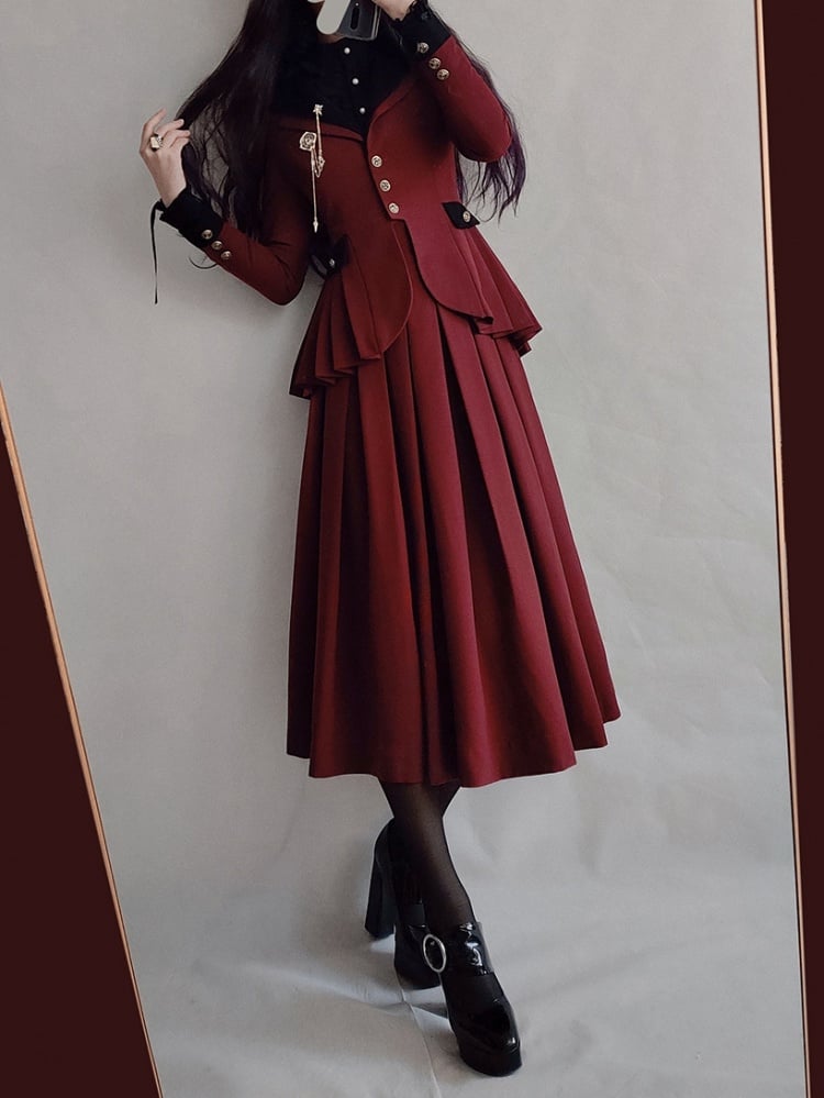 Plus Size Friendly-Wine Red Pleating Details Blazer Skirt Set