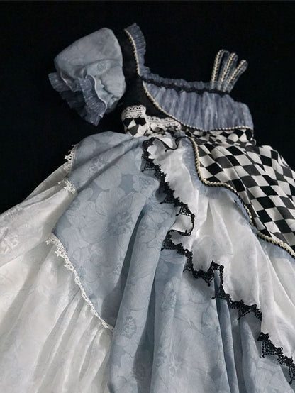 Blue Asymmetrical Design Checkerboard Pattern Lolita Dress Long Version