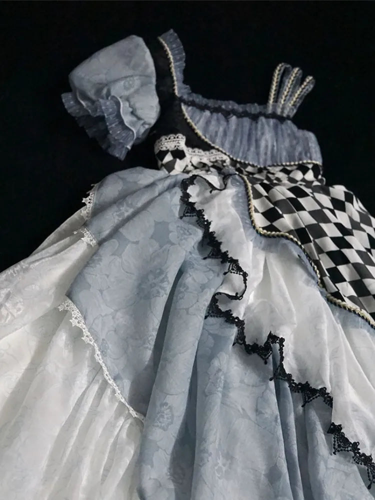 Blue Asymmetrical Design Checkerboard Lolita Dress Alice in Wonderland Vibes Long Version