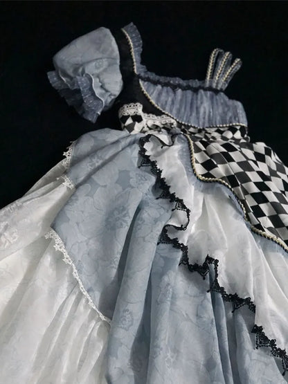 Blue Asymmetrical Design Checkerboard Lolita Dress Alice in Wonderland Vibes Long Version