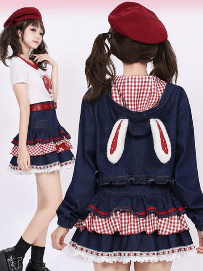 Navy Blue Lace Hem Bow Accents Denim Tiered Skirt Plaid Patchwork