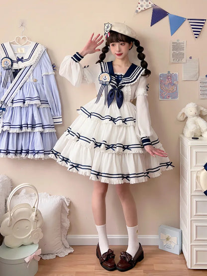 Full Sailor Lolita Skirt Set Summer Dress Tiered White OP