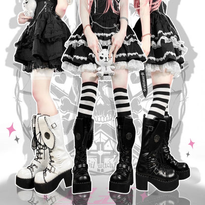 Bad Bunny Lace Trim Bunny Ears White PU Gothic Platform Boots