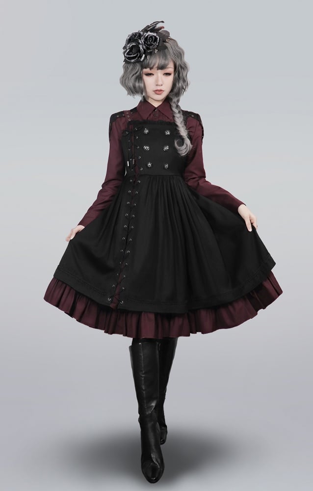 Dark Red Pleating Placket Black Patch Shirt