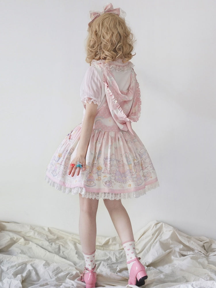 Robe salopette à capuche amovible Sweet Lolita rose licorne et dessert