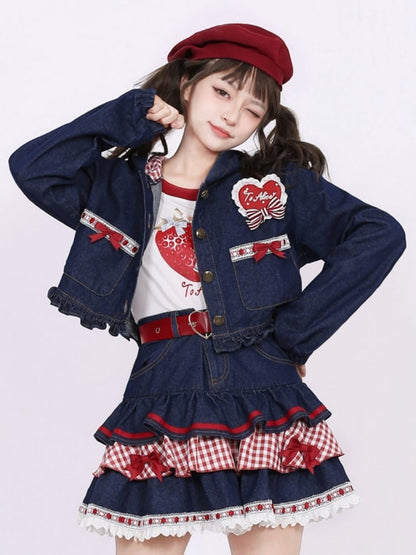 Navy Blue Lace Hem Bow Accents Denim Tiered Skirt Plaid Patchwork