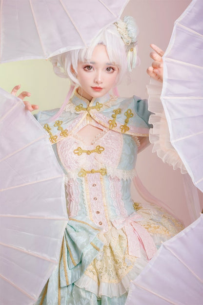 Light Green and Pink Corset Waist Qi Lolita Dress with Big Bow on Waist