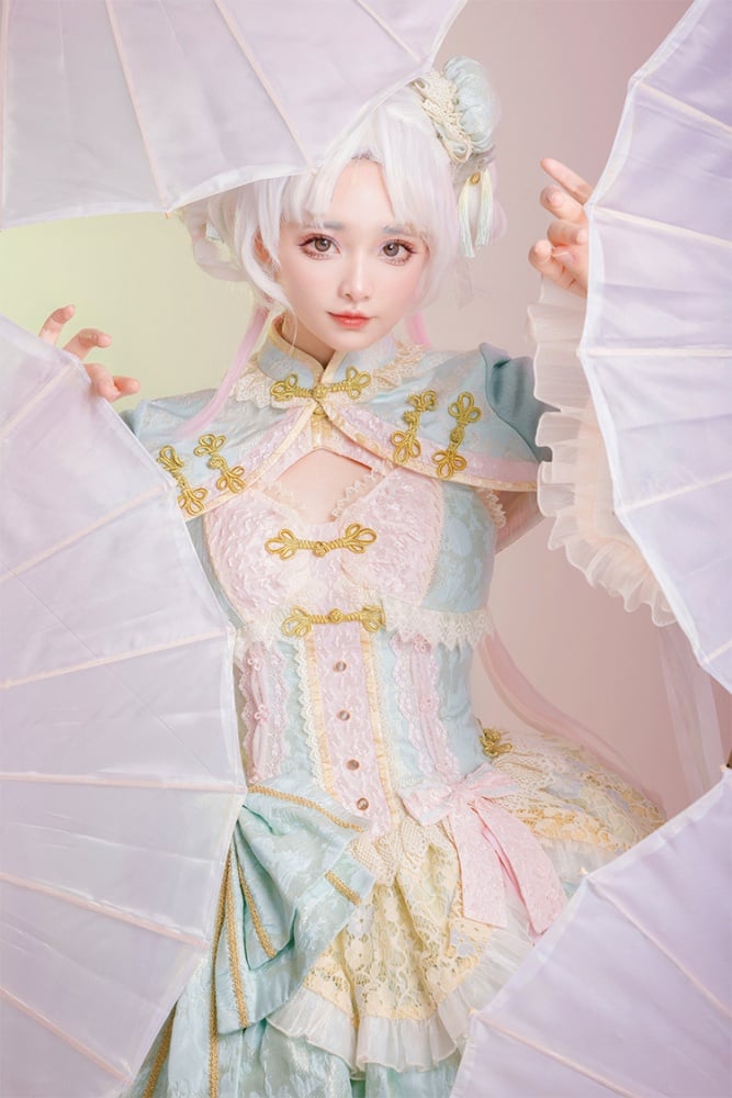 Hellgrünes und rosa Qi-Lolita-Kleid mit Korsett-Taille und großer Schleife an der Taille