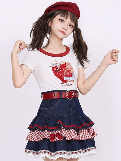 Navy Blue Lace Hem Bow Accents Denim Tiered Skirt Plaid Patchwork