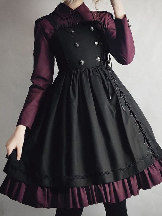 Dark Red Pleating Placket Black Patch Shirt