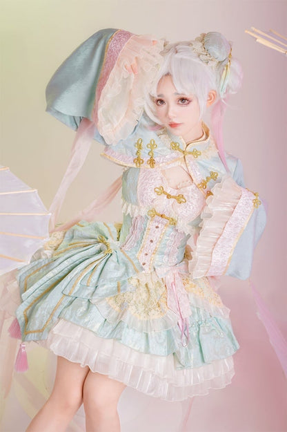 Hellgrünes und rosa Qi-Lolita-Kleid mit Korsett-Taille und großer Schleife an der Taille