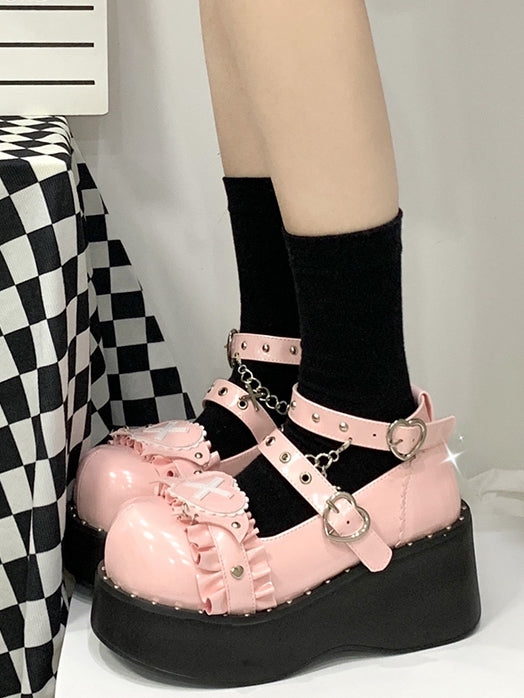 Sweetheart Sanctuary Heart-shaped Buckle Straps Chain Pink Lolita Platforms