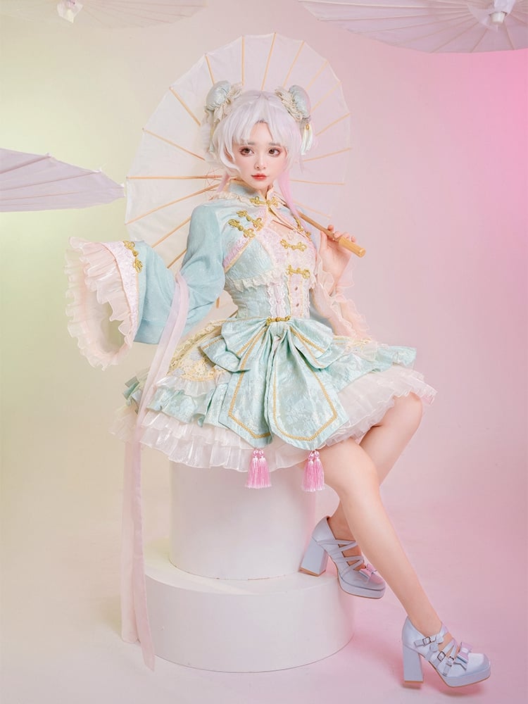 Hellgrünes und rosa Qi-Lolita-Kleid mit Korsett-Taille und großer Schleife an der Taille