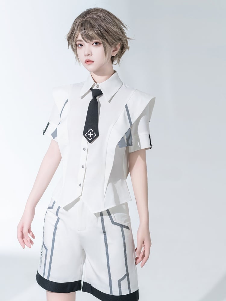 Cyberpunk Wide Shoulder Shirt with Cross Embroidery Tie