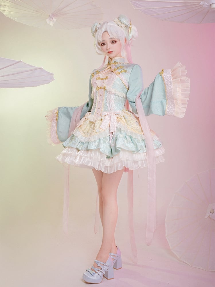 Hellgrünes und rosa Qi-Lolita-Kleid mit Korsett-Taille und großer Schleife an der Taille