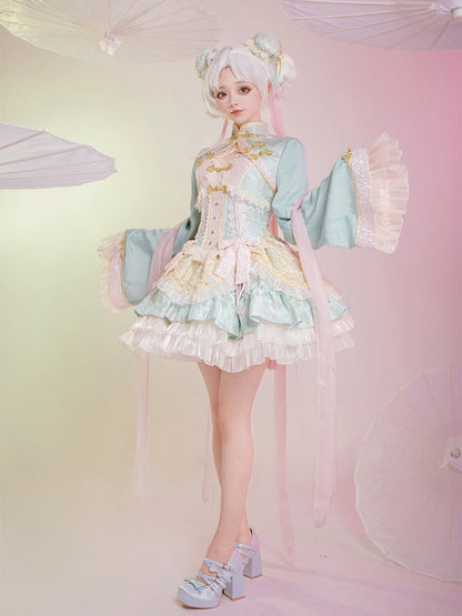 Hellgrünes und rosa Qi-Lolita-Kleid mit Korsett-Taille und großer Schleife an der Taille